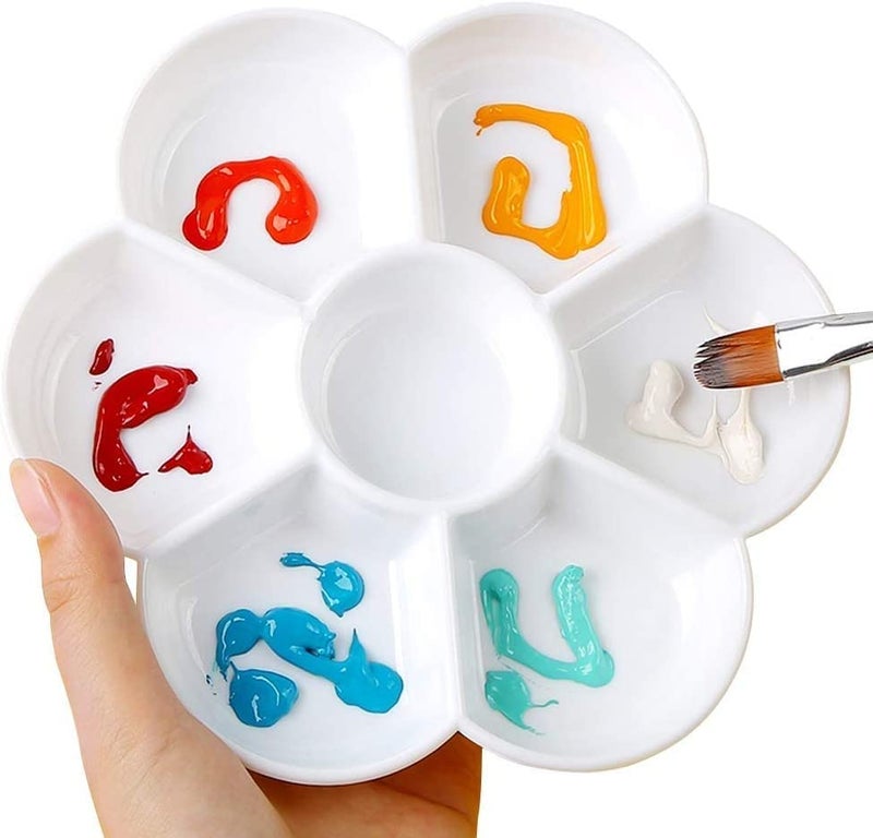 DEZIINEý.Fx1Pcs Small FlowerPalette and 3Pcs Flat and 3Pcs Round Paint Brush Set with Short Wood Handles Color Mixing Palette Paint Plate Draw Palette - White - Image 5