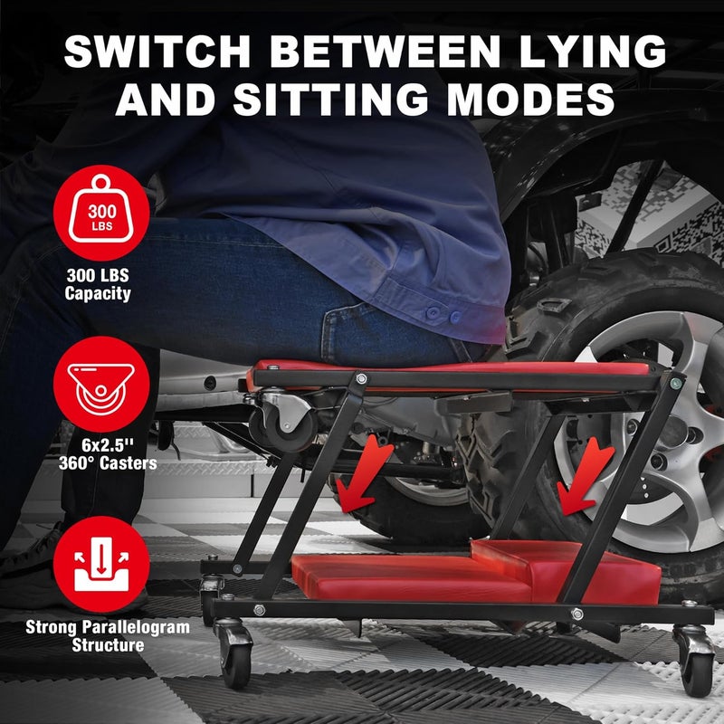 TORIN 36" Rolling Foldable Car Creeper Automotive Creeper, 2-in-1 Garage Shop Creeper for Auto Repair, 300 Lbs Capacity, Red,TAM6505RB - Image 5