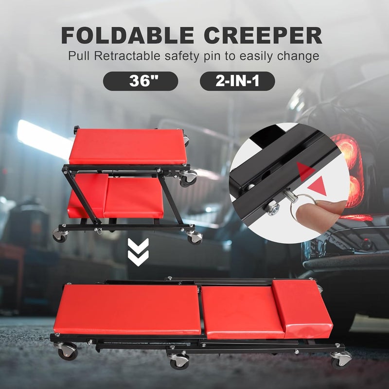 TORIN 36" Rolling Foldable Car Creeper Automotive Creeper, 2-in-1 Garage Shop Creeper for Auto Repair, 300 Lbs Capacity, Red,TAM6505RB - Image 2