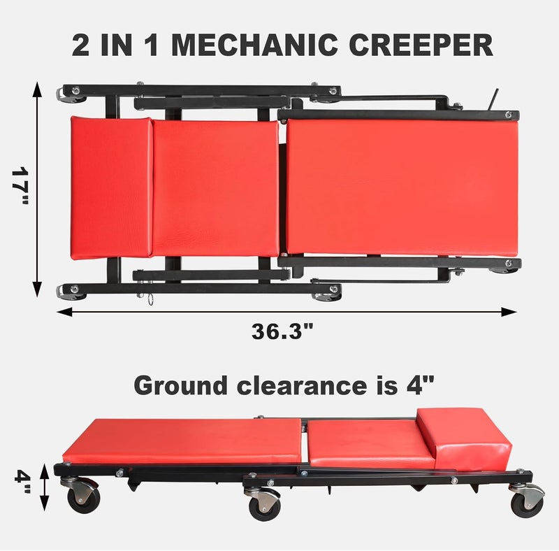 TORIN 36" Rolling Foldable Car Creeper Automotive Creeper, 2-in-1 Garage Shop Creeper for Auto Repair, 300 Lbs Capacity, Red,TAM6505RB - Image 3