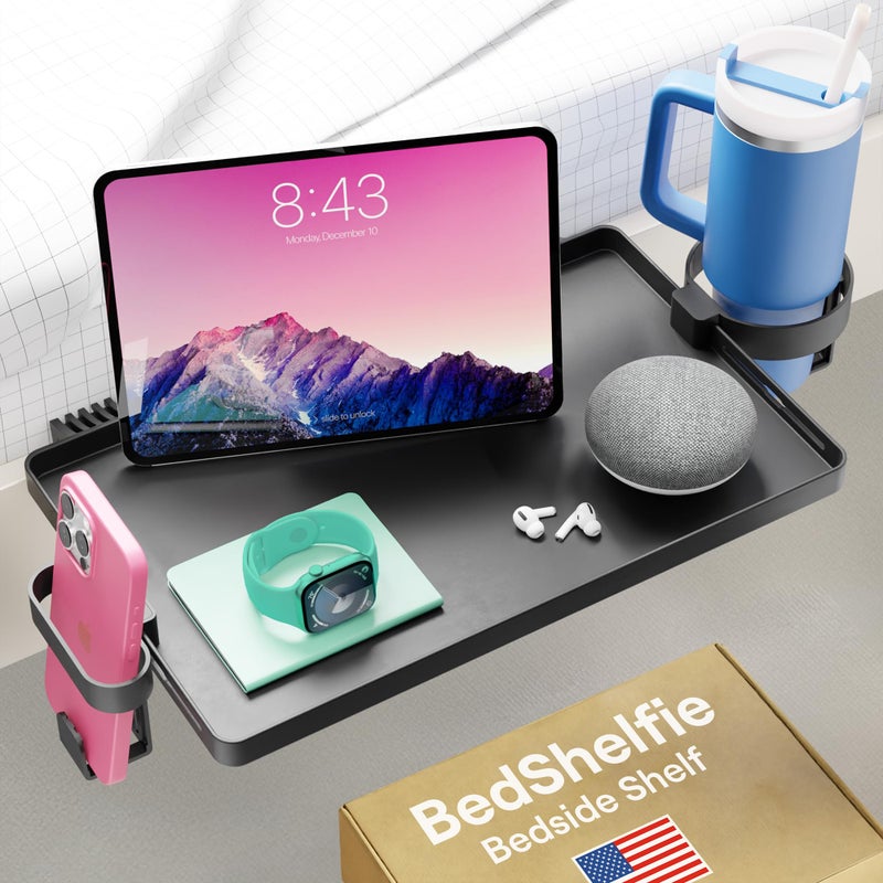 BedShelfie Bedside Shelf for Dorm Room Bunk Bed & Top Bunk, College Dorm Room Essentials, Bedside Caddy, Clip on Floating Tray, Bed Side Table Storage, Loft Nightstand Decor, Black - Image 1