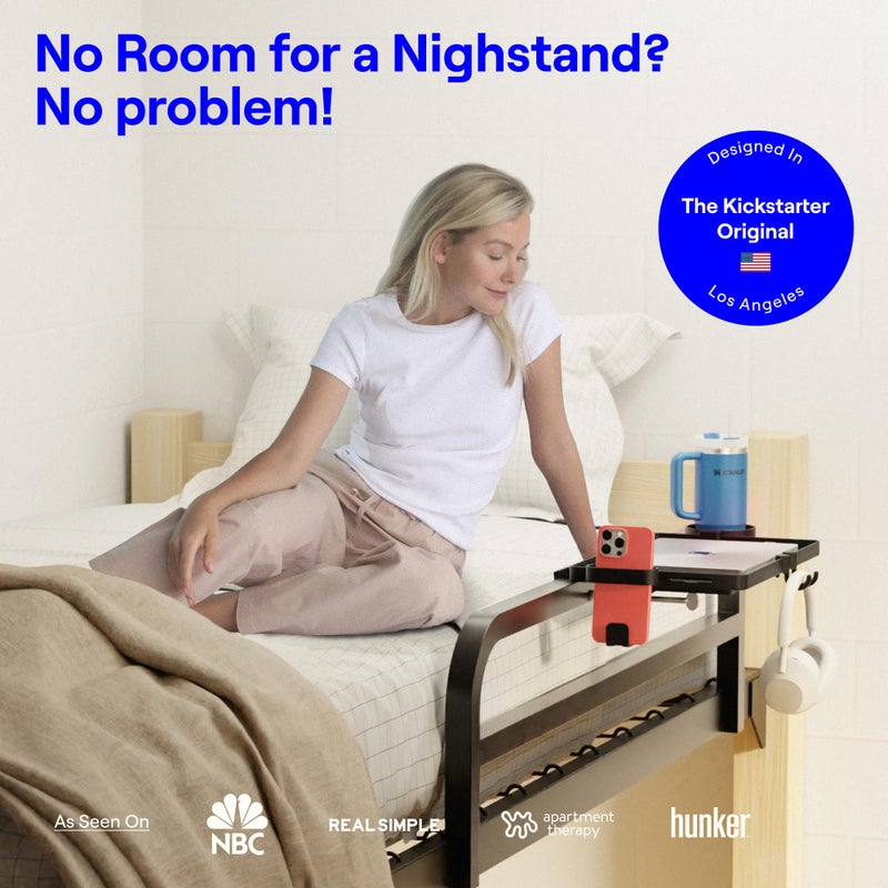 BedShelfie Bedside Shelf for Dorm Room Bunk Bed & Top Bunk, College Dorm Room Essentials, Bedside Caddy, Clip on Floating Tray, Bed Side Table Storage, Loft Nightstand Decor, Black - Image 2