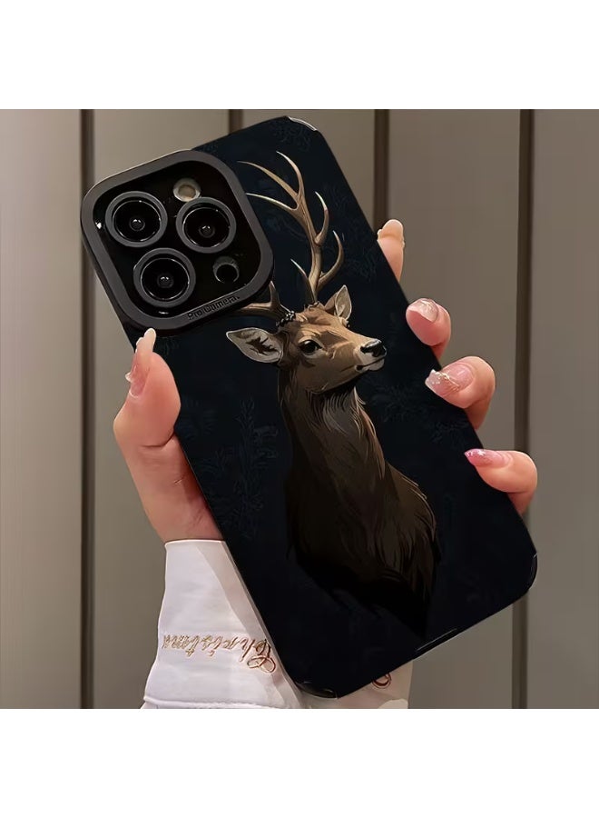 Temu An iPhone case with a dark background featuring a deer image, made of shockproof and scratch-resistant synthetic leather, compatible with iPhone 13 Pro. - Image 1