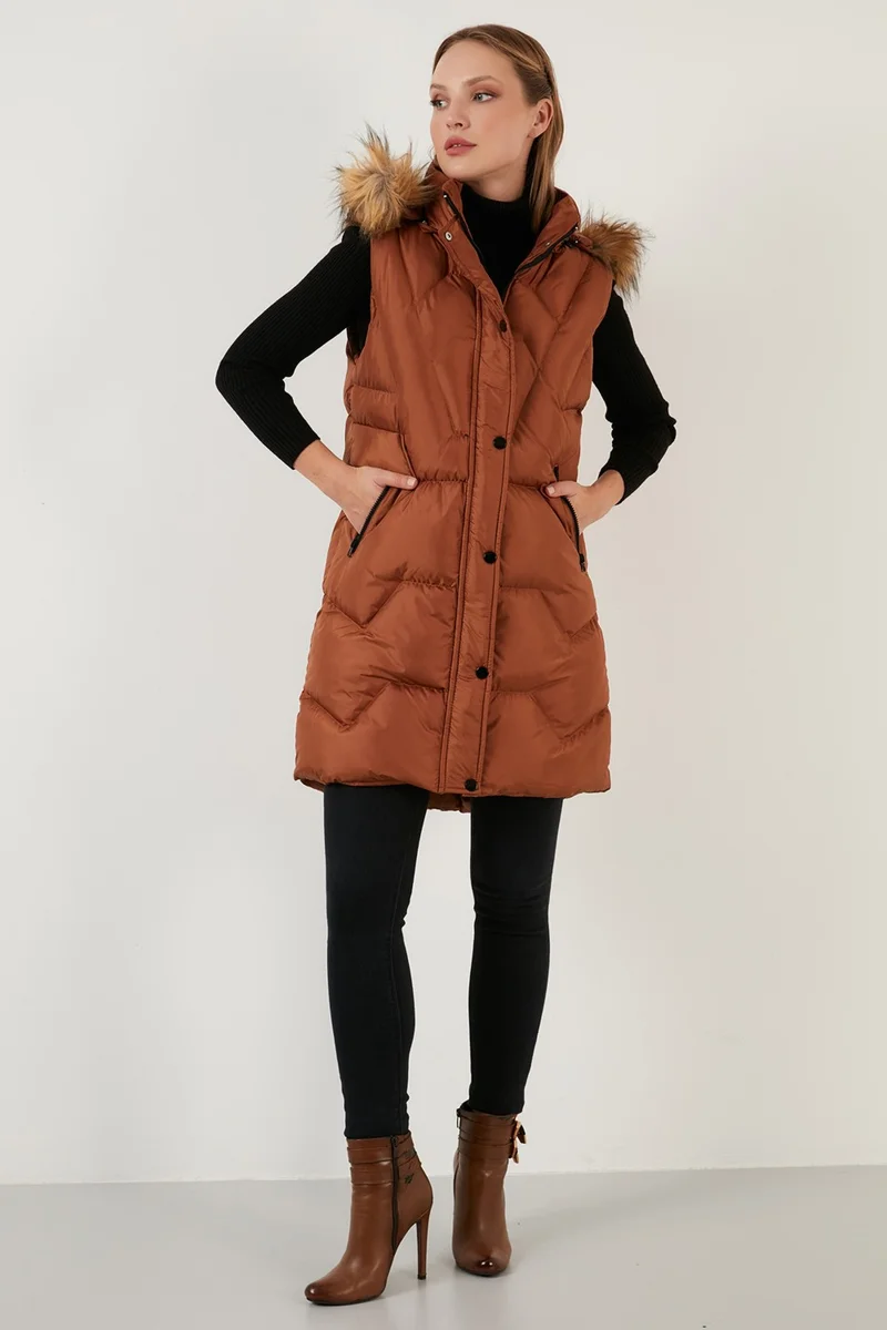 ليلا Collar Faux Fur Removable Hooded Regular Fit Puffer Vest Women's Vest 64789823