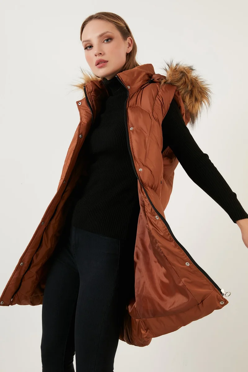 ليلا Collar Faux Fur Removable Hooded Regular Fit Puffer Vest Women's Vest 64789823