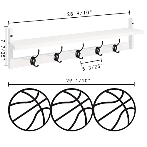 BAMEOS Wall-Mounted Wood Shelf with 5 Dual Hooks for Bathroom, Living Room, Bedroom (White-with Shelf) - Image 5