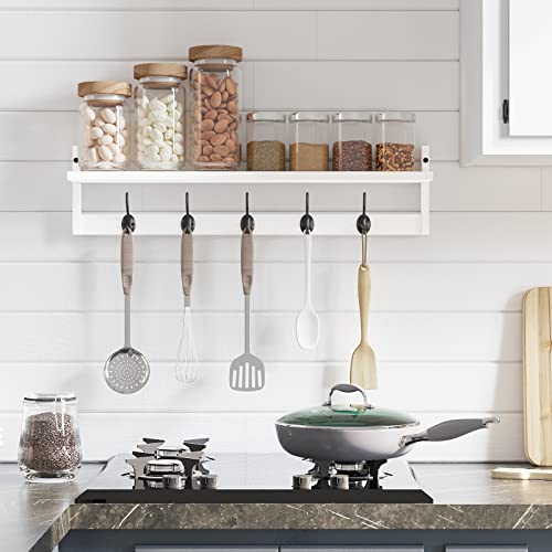 BAMEOS Wall-Mounted Wood Shelf with 5 Dual Hooks for Bathroom, Living Room, Bedroom (White-with Shelf) - Image 4