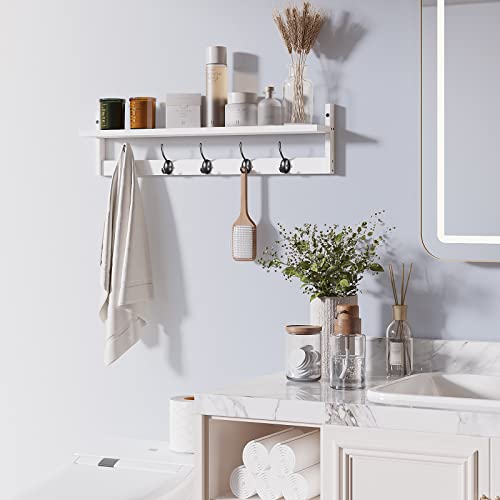 BAMEOS Wall-Mounted Wood Shelf with 5 Dual Hooks for Bathroom, Living Room, Bedroom (White-with Shelf) - Image 3