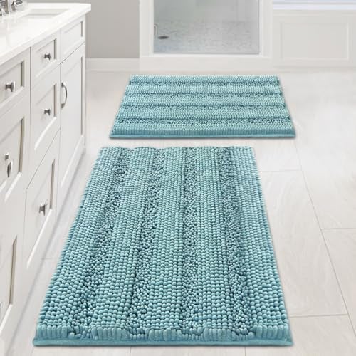 HVERSAILTEX Extra Thick Chenille Striped Pattern Bath Rugs for Bathroom Non Slip  Soft Plush Shaggy Mats for Floor Indoor Entryway Aqua Haze 32 x 20 Plus 24 x 17  Inches