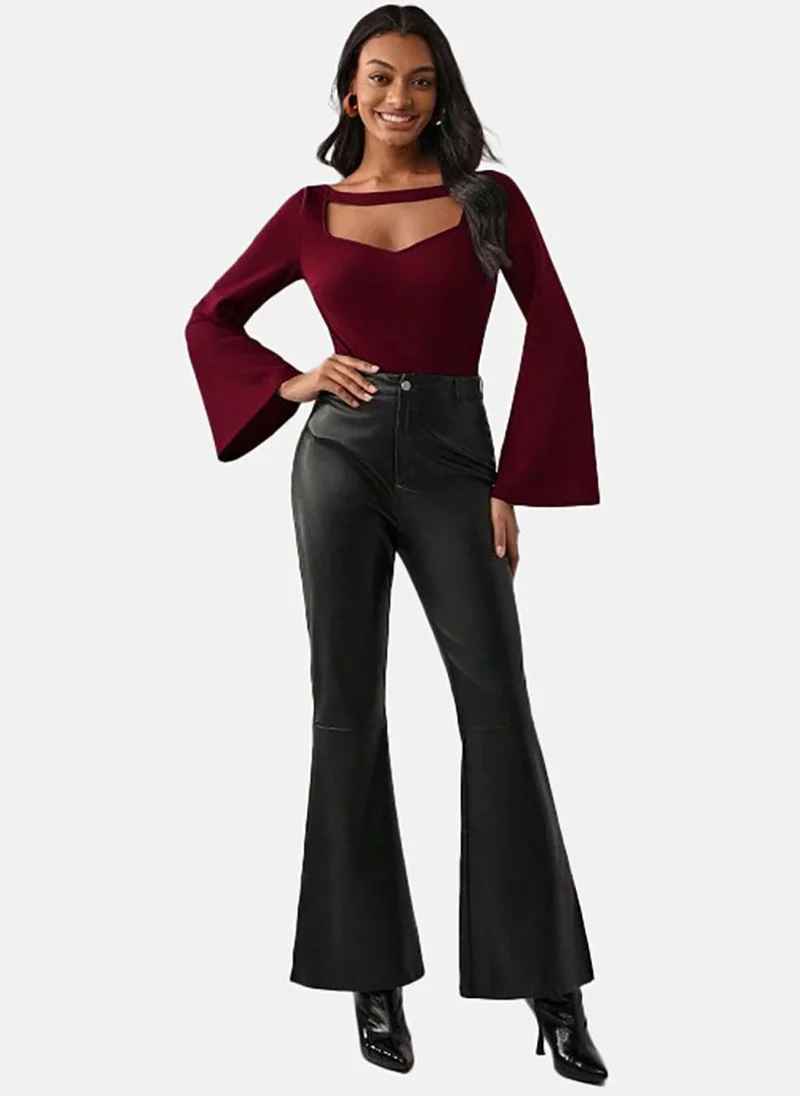YUNIQEE Red Solid Slim Fit Long Sleeve Top
