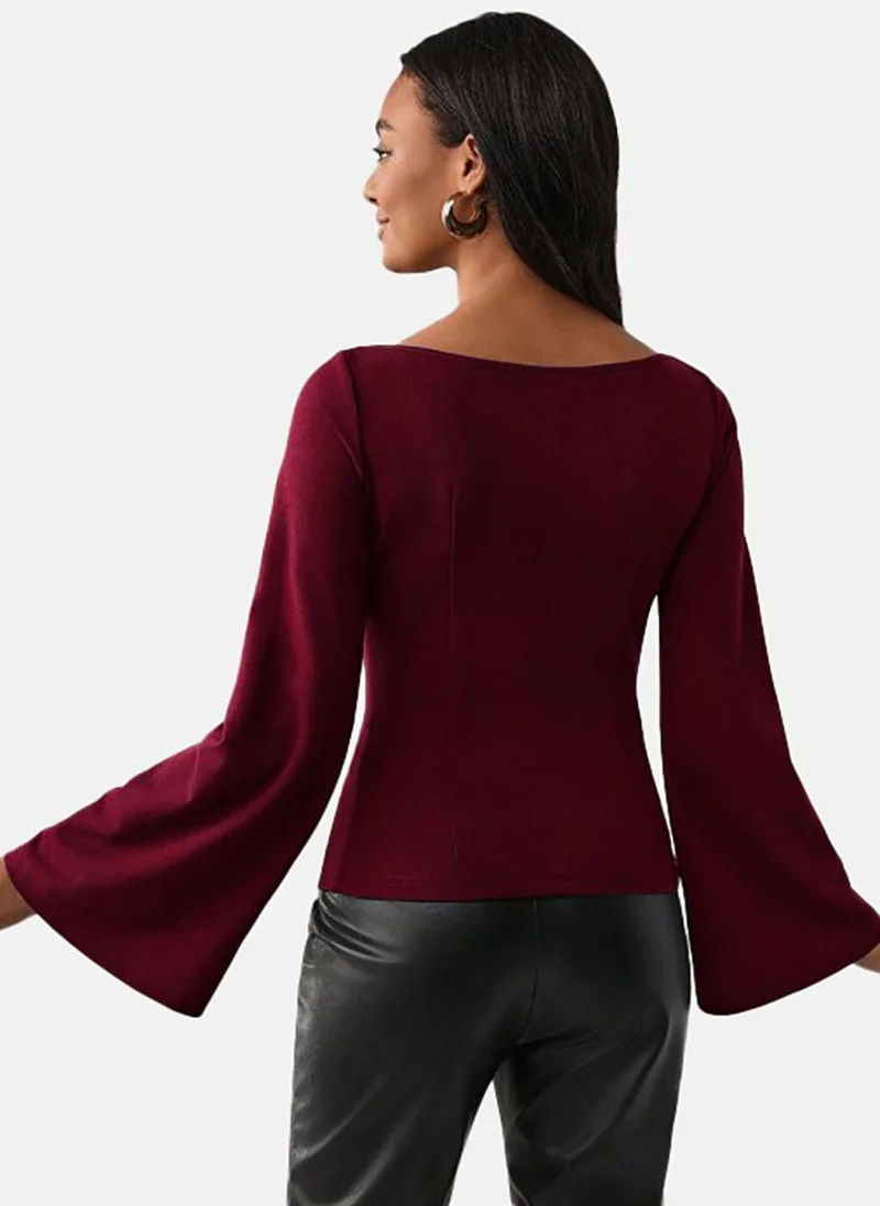 YUNIQEE Red Solid Slim Fit Long Sleeve Top