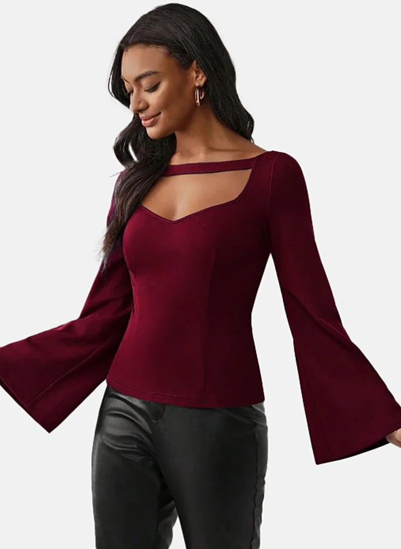 YUNIQEE Red Solid Slim Fit Long Sleeve Top