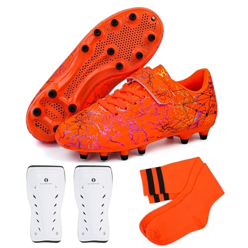 brooman Kids Firm Ground Soccer Cleats Girls Football Cleats with Shin Guards and Soccer Socks (8,Orange) - Image 1