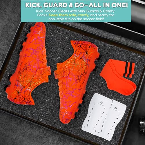 brooman Kids Firm Ground Soccer Cleats Girls Football Cleats with Shin Guards and Soccer Socks (8,Orange) - Image 4