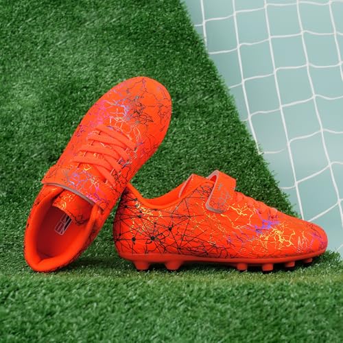 brooman Kids Firm Ground Soccer Cleats Girls Football Cleats with Shin Guards and Soccer Socks (8,Orange) - Image 2