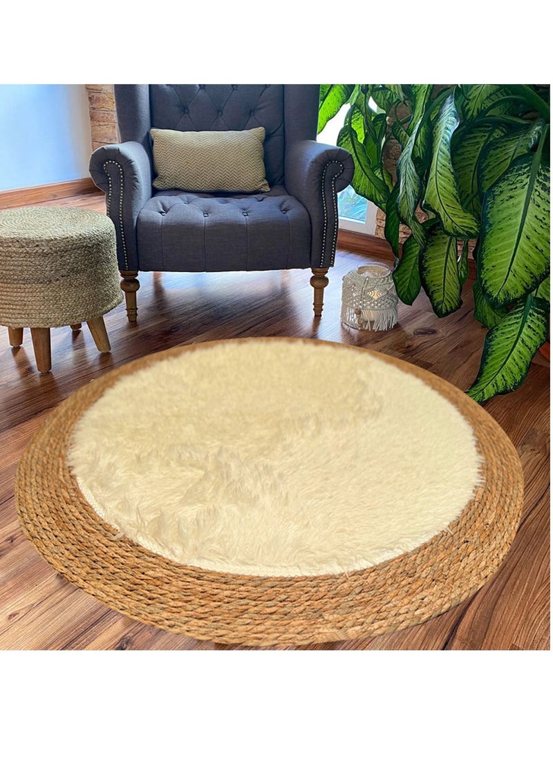 HOME TASTE TOMSUN Handmade Natural Jute Rug with Fluffy Wool Surface | Reversible, Hand-Braided Round Area Rug for Living Room, Bedroom, Kitchen, and Entryway 100cm Beige  - Image 1