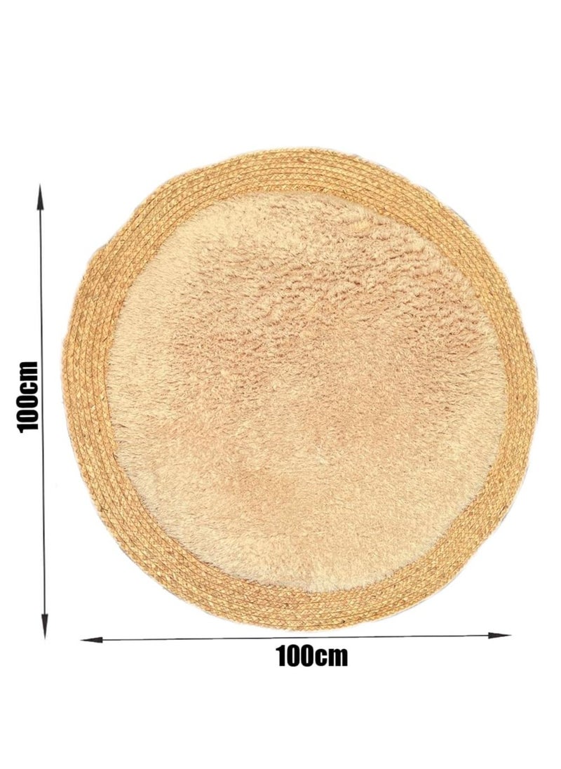 HOME TASTE TOMSUN Handmade Natural Jute Rug with Fluffy Wool Surface | Reversible, Hand-Braided Round Area Rug for Living Room, Bedroom, Kitchen, and Entryway 100cm Beige  - Image 2