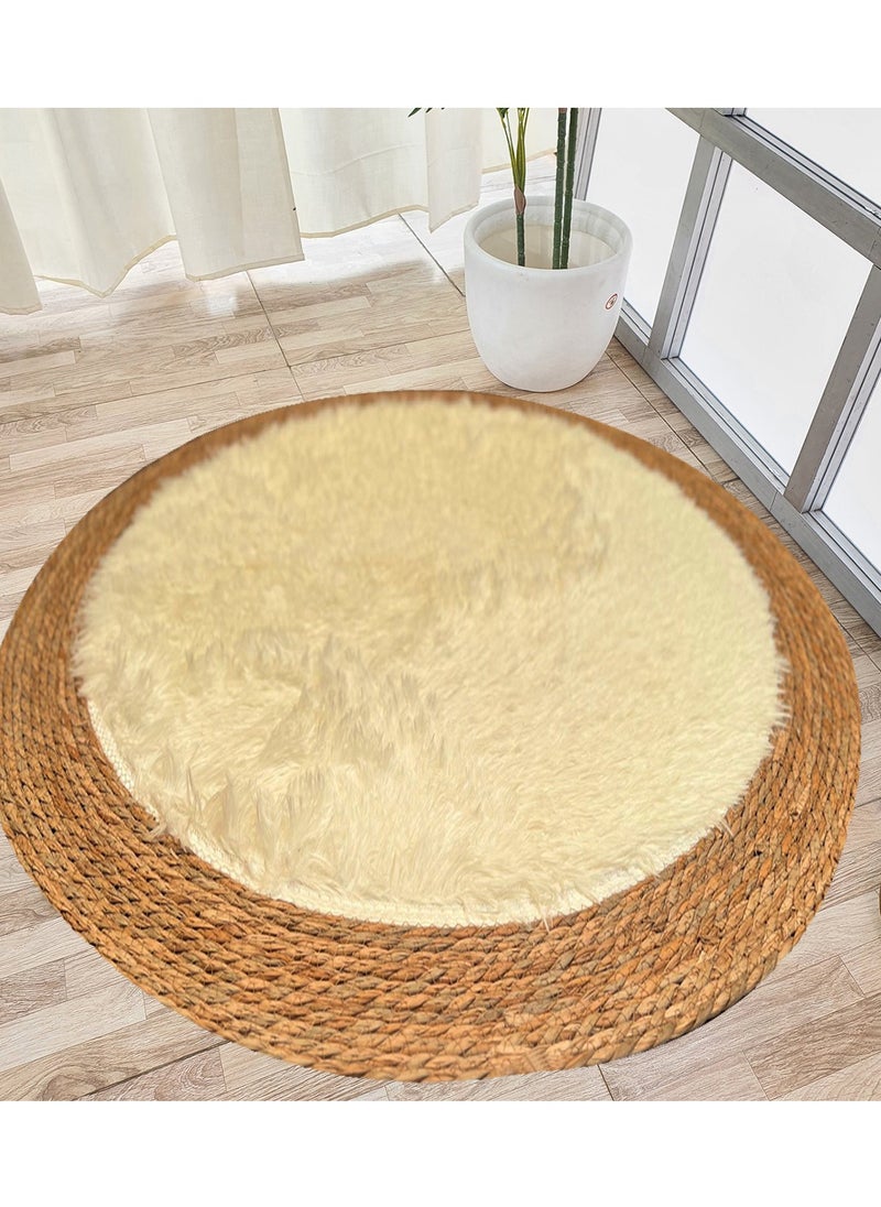 HOME TASTE TOMSUN Handmade Natural Jute Rug with Fluffy Wool Surface | Reversible, Hand-Braided Round Area Rug for Living Room, Bedroom, Kitchen, and Entryway 100cm Beige  - Image 3