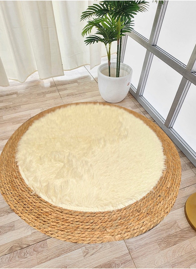 HOME TASTE TOMSUN Handmade Natural Jute Rug with Fluffy Wool Surface | Reversible, Hand-Braided Round Area Rug for Living Room, Bedroom, Kitchen, and Entryway 100cm Beige  - Image 5