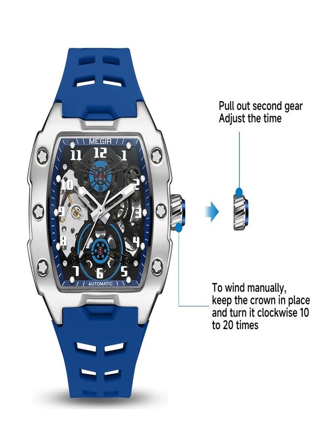 MEGIR Automatic Mechanical Men Watch, Silicone Band, 43x50mm Alloy Case, 3ATM Water Resistant, Luminous Hands, Blue - Image 3