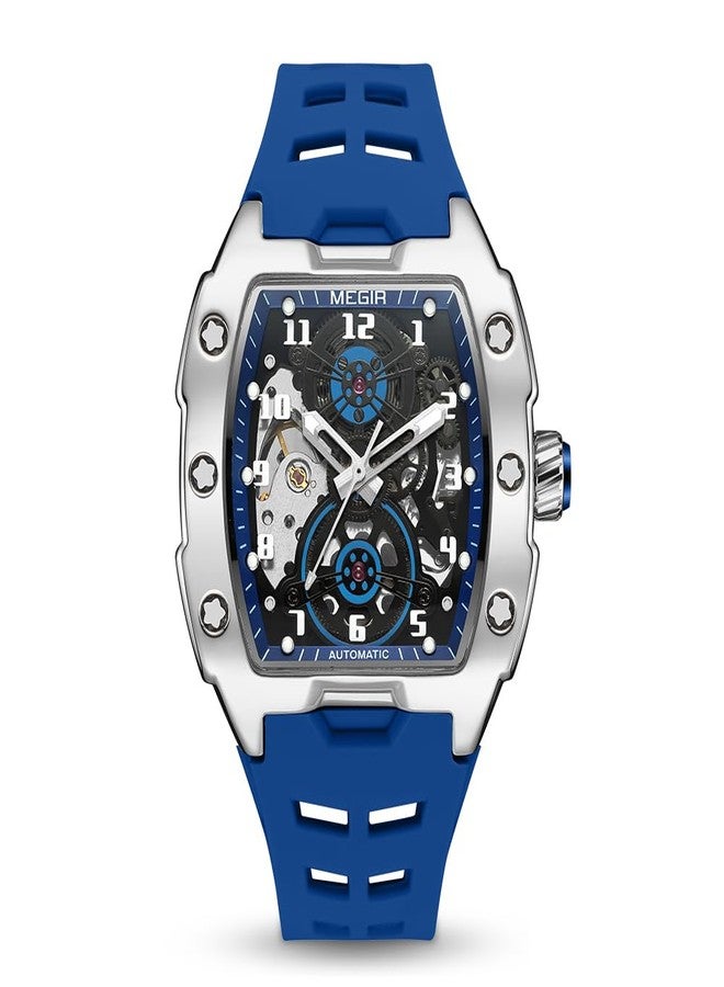 MEGIR Automatic Mechanical Men Watch, Silicone Band, 43x50mm Alloy Case, 3ATM Water Resistant, Luminous Hands, Blue - Image 1