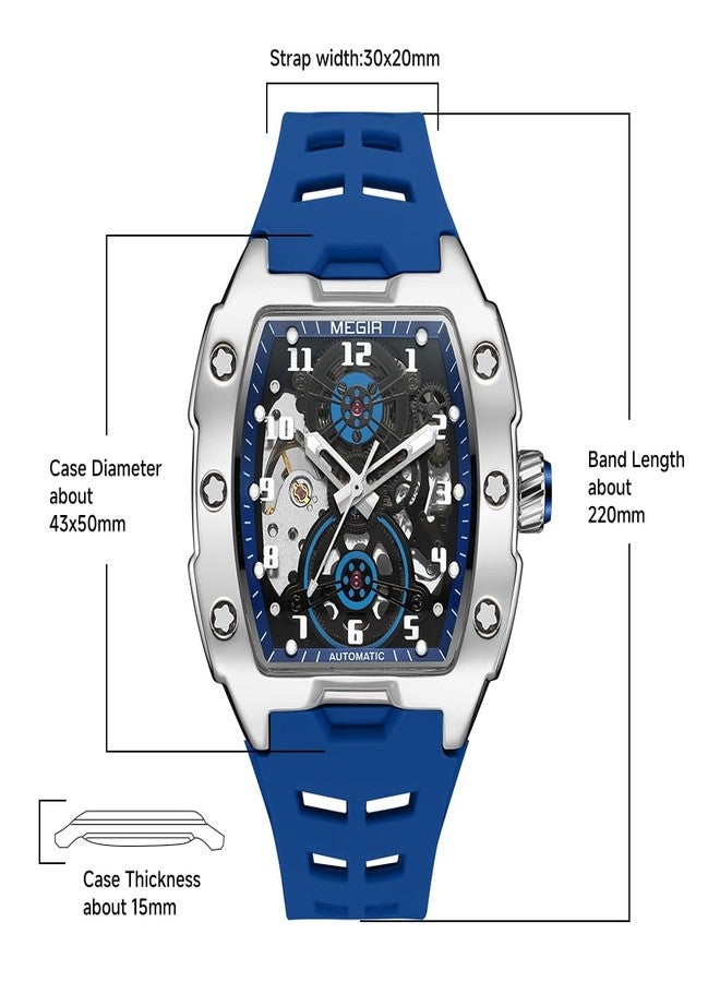 MEGIR Automatic Mechanical Men Watch, Silicone Band, 43x50mm Alloy Case, 3ATM Water Resistant, Luminous Hands, Blue - Image 4