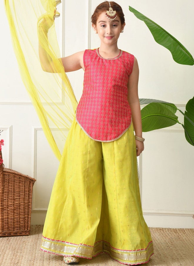 Indi-Loom Couture Girls Regular Gotta Patti Chanderi Silk Kurta with Palazzos & With Dupatta - Image 1