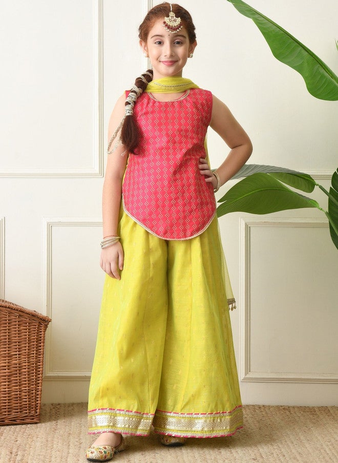 Indi-Loom Couture Girls Regular Gotta Patti Chanderi Silk Kurta with Palazzos & With Dupatta - Image 3