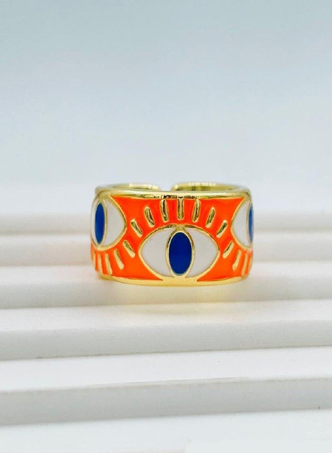 Zivom® Gold Enamel White Orange Evil Eye Copper Free Sizes Adjustable Band Ring for Women - Image 4