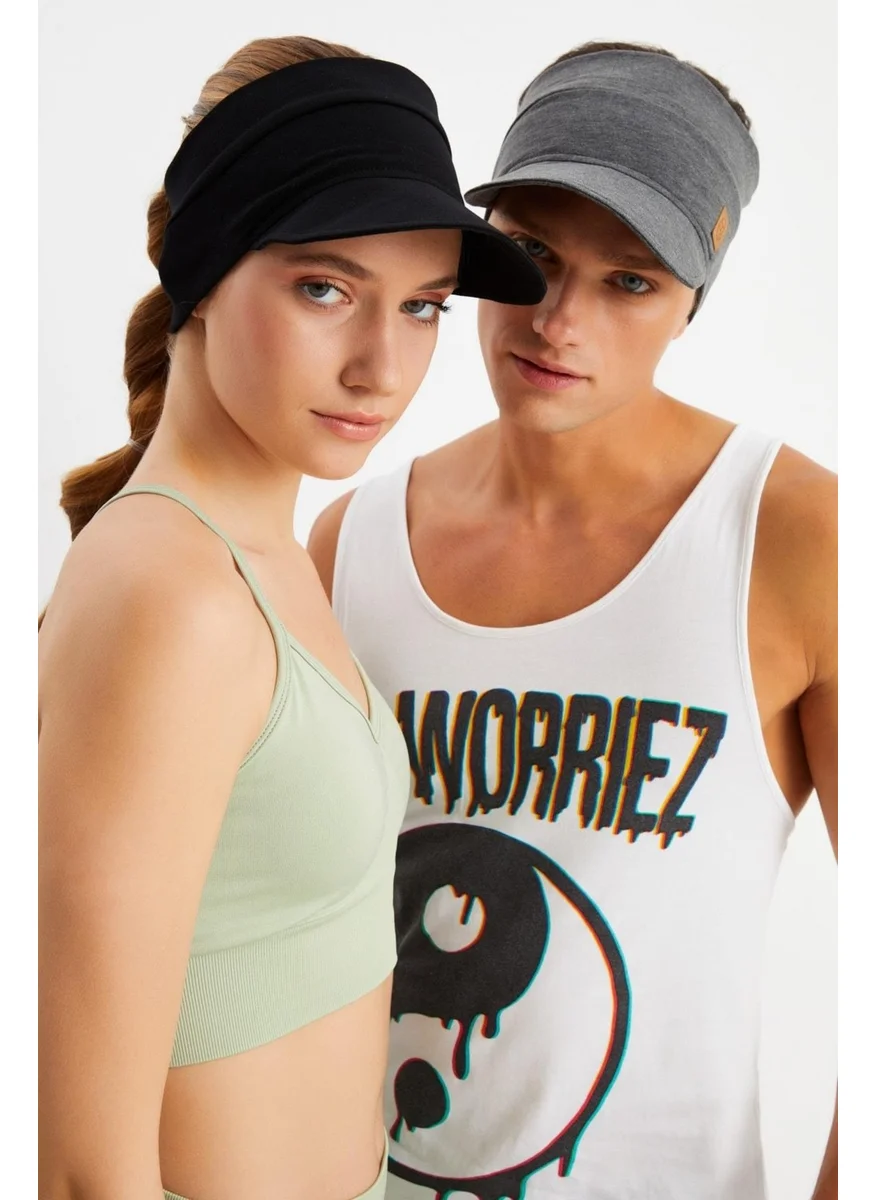 Butikgiz Black - Smoked UV Protected Folding Open Top Soft Brim Cotton Combed Tennis Visor Hat Set of 2
