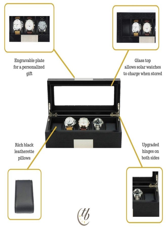 TIMELYBUYS 5 Ebony Wood Watch Box Display Case Storage Jewelry Organizer with Glass Top, Stainless Steel Accents, and Oversized Black Pillows - Image 3