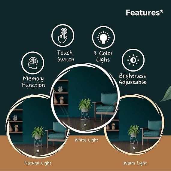 TINITALO Quality Glass Round Led Mirror For Bathroon With Back Light Bathroom Wall Mirror Light Mirror Total 3 Light Brightness Adjustable Led 281 24X24 Inches,Transparent - Image 4