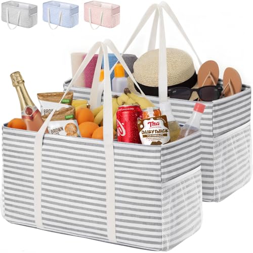 Lifewit Extra Large Tote Bag Reusable Grocery Bags with Metal Wire Frame and Handles Standing Utility Foldable Shopping Bags for Storage Picnics Beach Laundry Car 46L 2 Pack Gray - Image 1