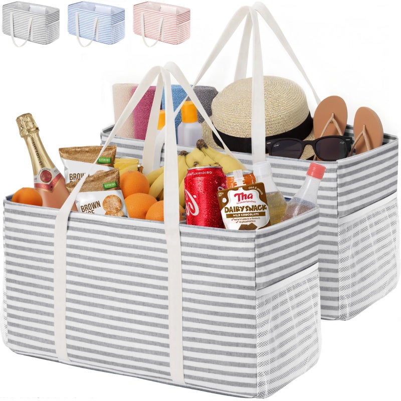 Lifewit Extra Large Tote Bag Reusable Grocery Bags with Metal Wire Frame and Handles Standing Utility Foldable Shopping Bags for Storage Picnics Beach Laundry Car 46L 2 Pack Gray - Image 2