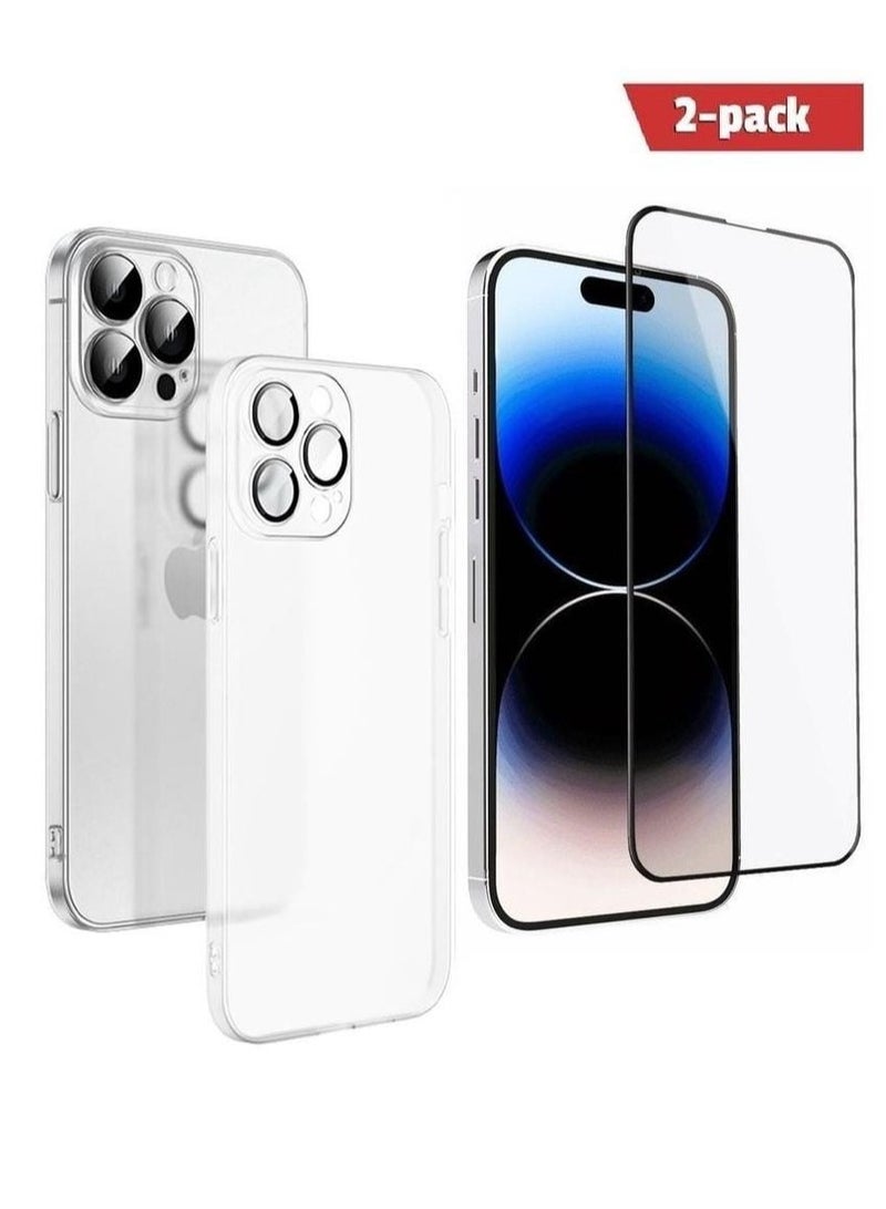 2Pack for iPhone 14 Pro Soft TPU Case Cover with Screen Protector 9H Tempered Glass White/Clear - Image 1
