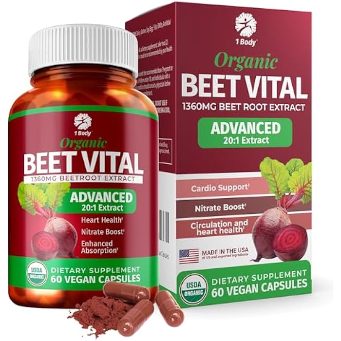 1 Body Beet Vital, Organic Beetroot Capsules for Circulation, Energy, & Stamina, Nitric Oxide Booster Beets Supplements with 1360mg Beetroot Extract, Vegan, Non-GMO - Beet Root Supplements, 60 Count - Image 1