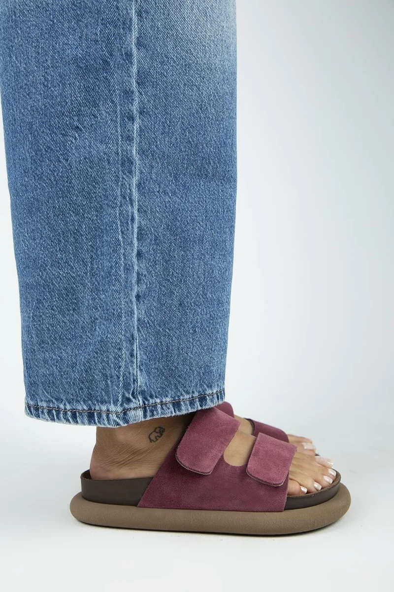 Manijero Manijero Lillo Women's Genuine Leather Double Velcro Cherry Red Slippers