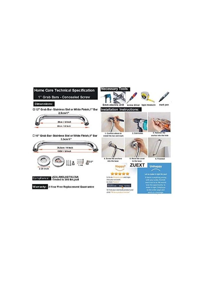 ZUEXT 16 Inch Stainless Steel Shower Grab Bar, Chrome Shower Handle, Bathroom Balance Bar, Safety Hand Rail Support Bar for Handicap Elderly Injury, Senior Assist Bath Tub Wall Concealed Mount Handle  - Image 4