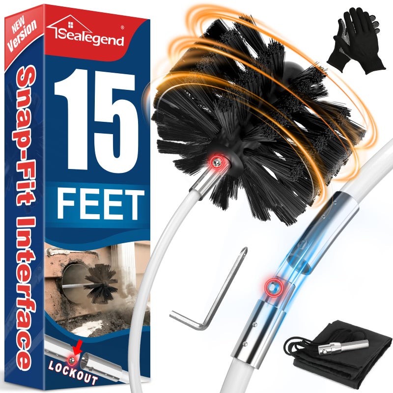 Sealegend 15 Feet Dryer Vent Cleaner Kit/Lint Remover/Upgraded Flexible Quick-Snap Brush with Drill Attachment/Fireplace Chimney Brushes for Easy to Clean/Cleaning Tool Use with or Without Power Drill - Image 1