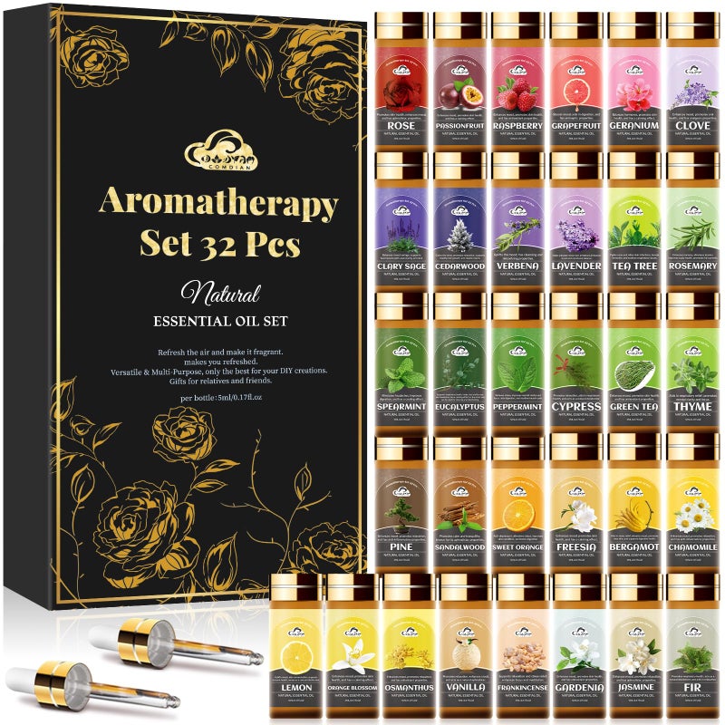 Comdian Essential Oil Set, 32 Pcs Fragrance Aromatherapy Oils for Skin, Diffusers, Home Care, Humidifier Laundry, Candle Making - Tea Tree, Sandalwood, Lavender, Vanilla, Eucalyptus and More(5mL) - Image 1