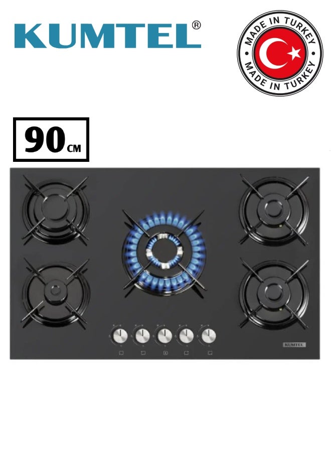 Kumtel Built-in Gas Hob – 5 Burners | 90 cm | Black Glass (Model: C9-50BTF)