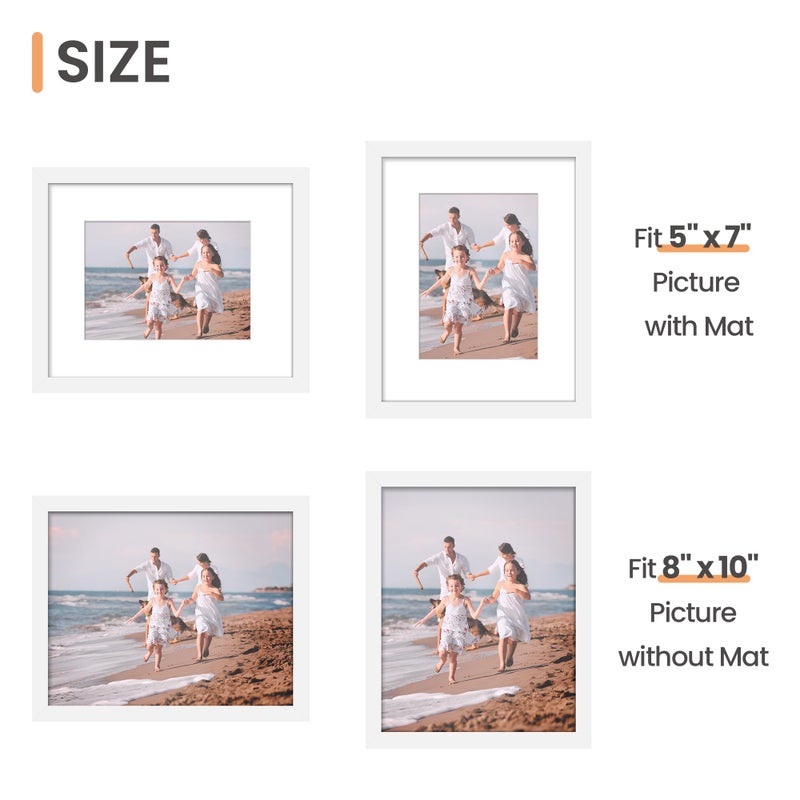 upsimples 8x10 Picture Frame Set of 10, Display Pictures 5x7 with Mat or 8x10 Without, Multi Photo Frames Collage for Wall or Tabletop Display, White - Image 5