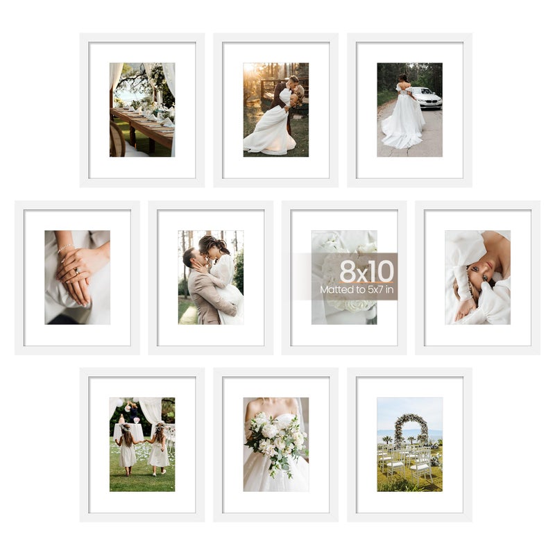 upsimples 8x10 Picture Frame Set of 10, Display Pictures 5x7 with Mat or 8x10 Without, Multi Photo Frames Collage for Wall or Tabletop Display, White - Image 1