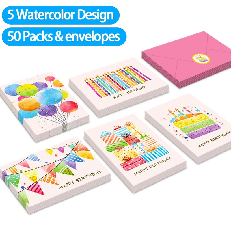 KiDEPOCH 50 Pack Happy Birthday Cards, Watercolor Birthday Cards Assortment, Assorted Blank Birthday Cards Bulk with Envelopes & Stickers for Birthday Party - Image 4