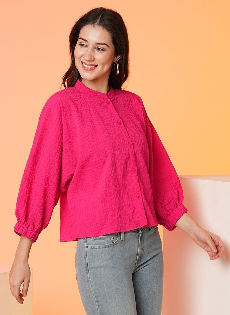 Globus Women Pink Self Design Casual Top with Mandarin Collar and Batwing Sleeves - Image 1
