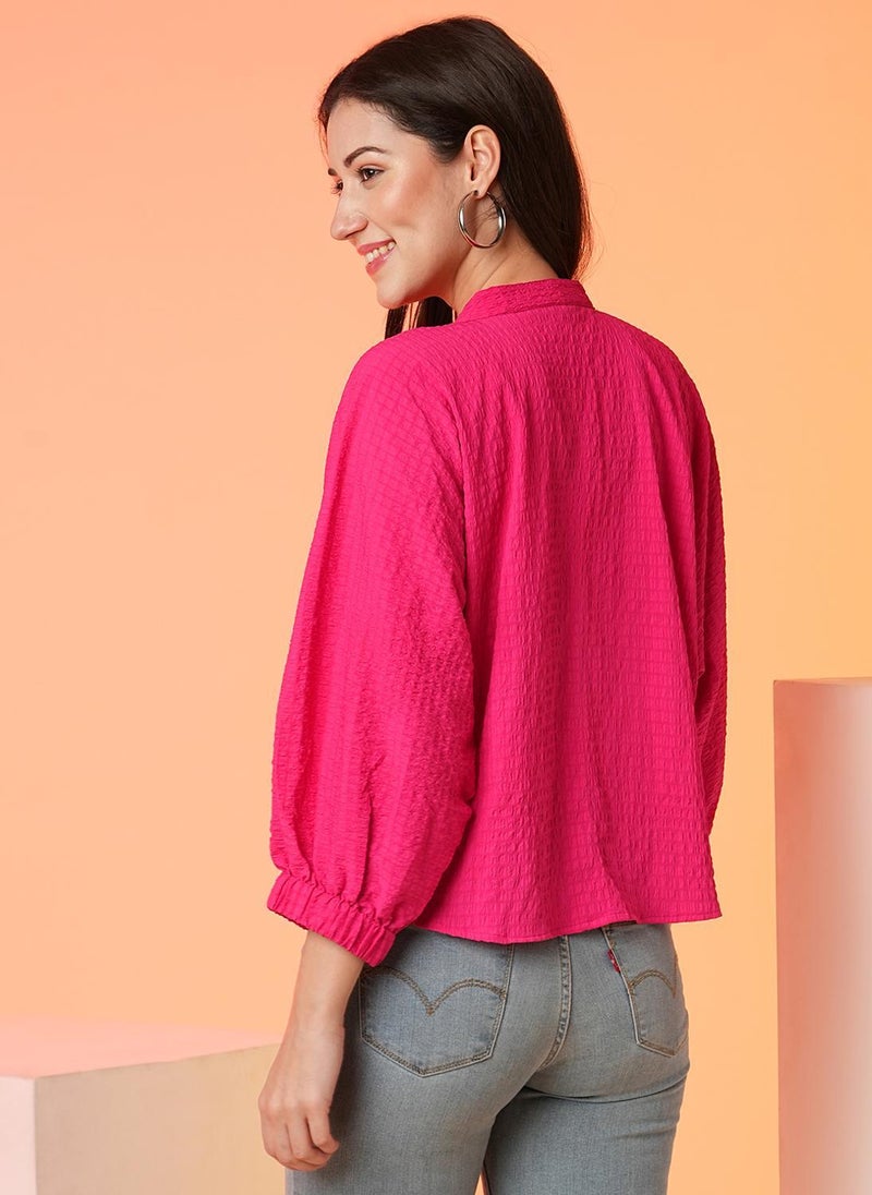 Globus Women Pink Self Design Casual Top with Mandarin Collar and Batwing Sleeves - Image 4