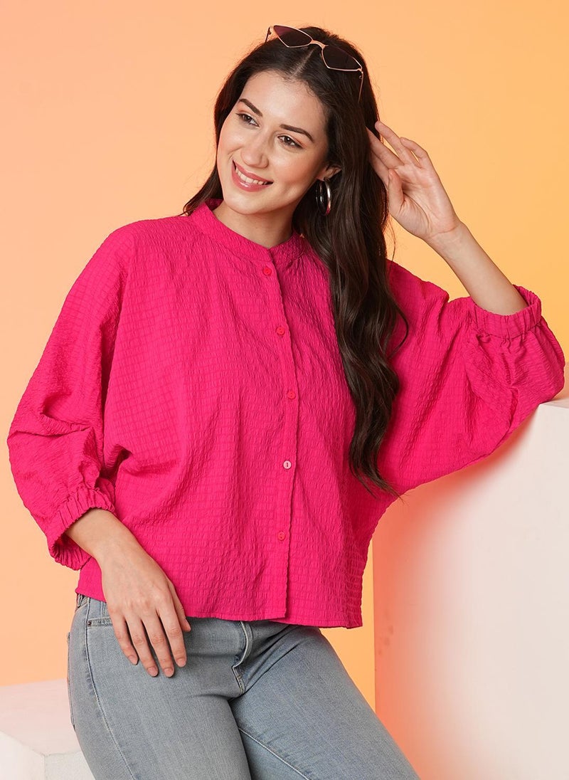 Globus Women Pink Self Design Casual Top with Mandarin Collar and Batwing Sleeves - Image 3