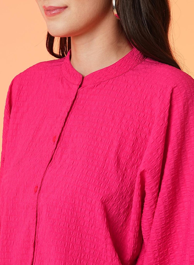 Globus Women Pink Self Design Casual Top with Mandarin Collar and Batwing Sleeves - Image 5