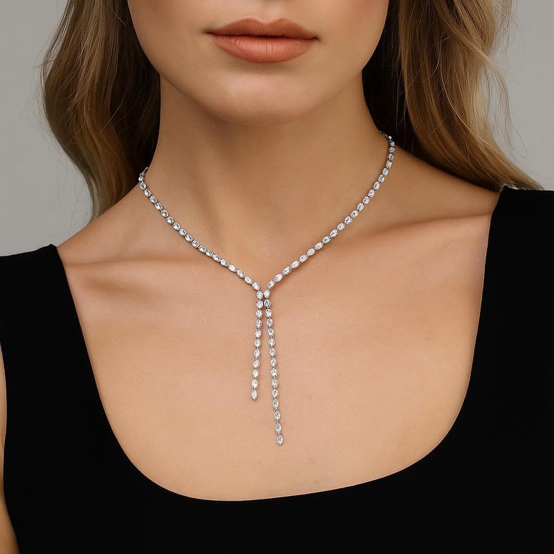 STONEFANS Rhinestone Long Necklaces for Women - Dainty Tennis Lariat Necklace Cute Silver Drop Necklace Simple Choker Necklace Party Prom Jewelry Bridesmaid Gifts - Image 4