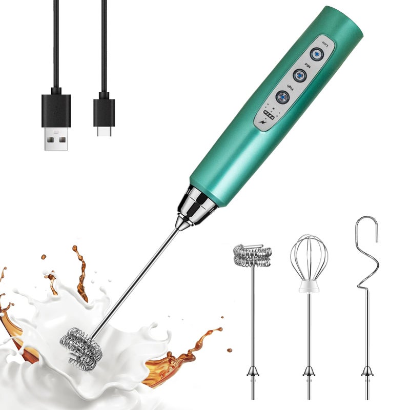 YUSWKO Green Handheld Milk Frother Wand for Coffee Rechargeable Electric Whisk with 3 Heads 3 Speeds Drink Mixer Coffee Frother For Latte Cappuccino Hot Chocolate Egg
